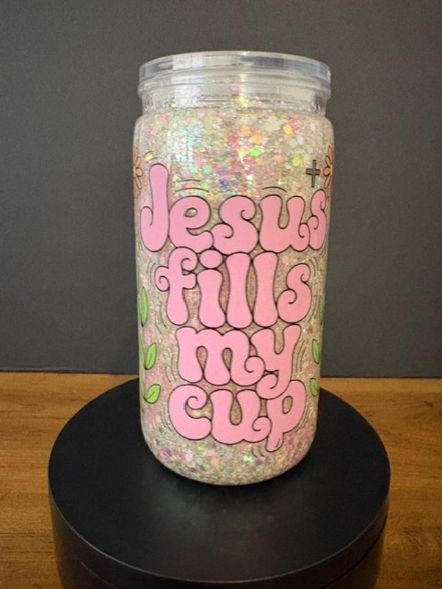 ✝️ Jesus Fills My Cup – 16 oz Glitter Snow Globe Tumbler